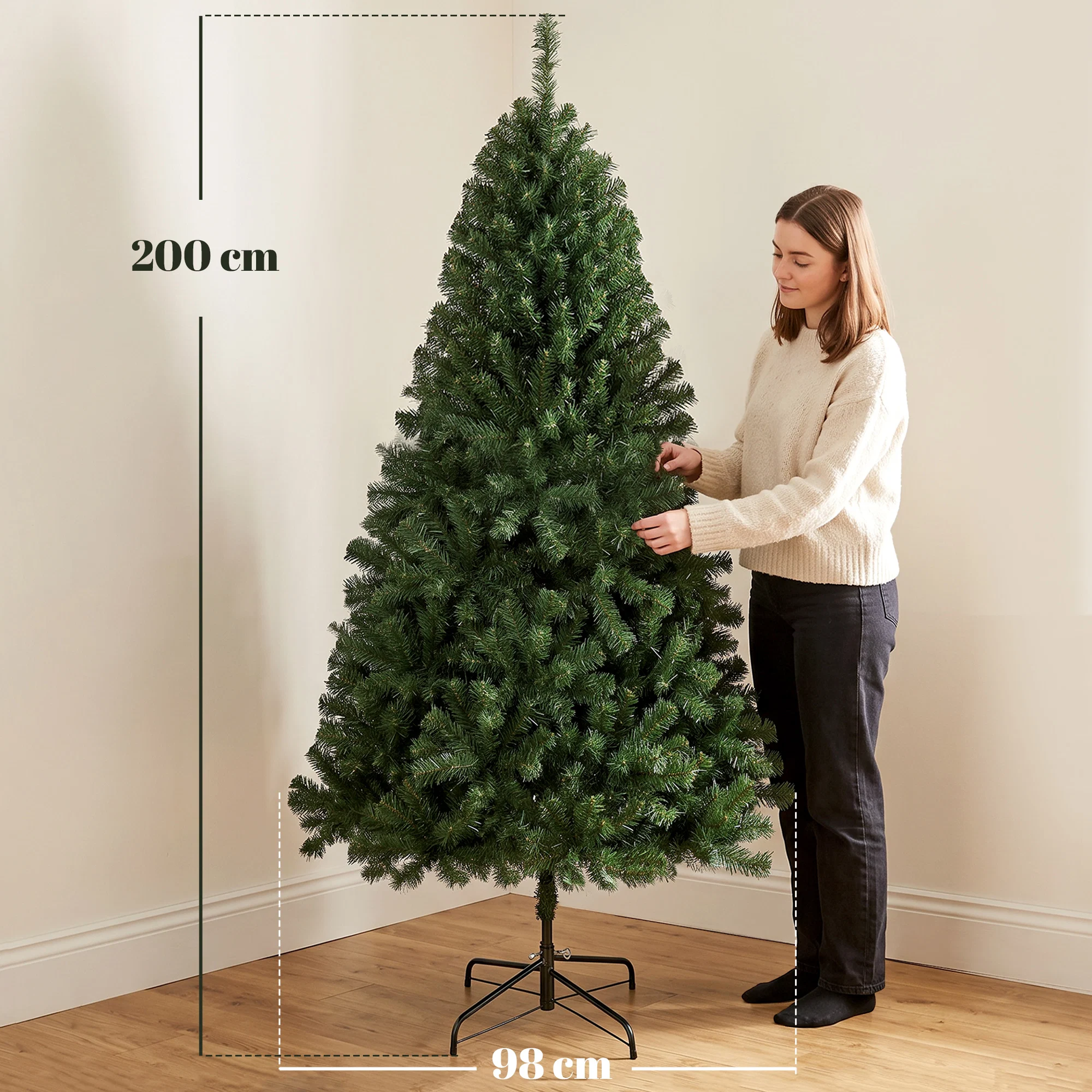 Brad de Craciun Artificial 200 cm cu 1000 Ramuri si Baza Pliabila, Verde 2 Brad de Craciun artificial cu inaltimea de 200 cm si latimea de 98 cm