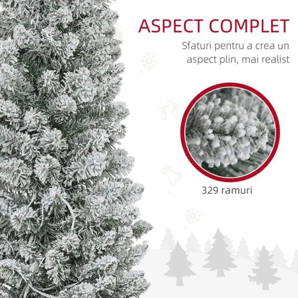 Brad de Craciun cu Zapada Artificiala, 329 Ramuri si Lumini LED Albe, din Plastic si Metal, Ø52x180 cm, Verde - imagine 6