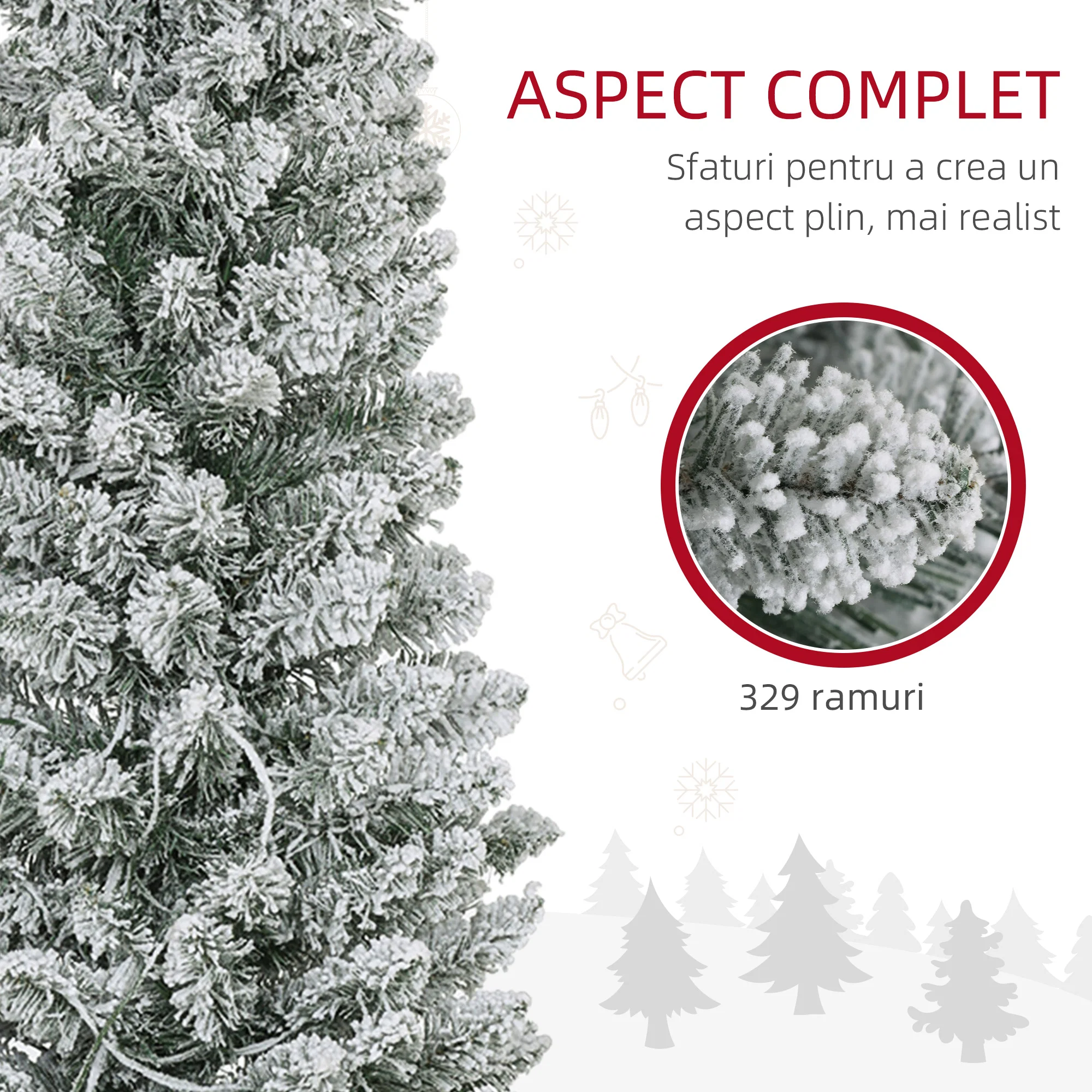 Brad de Craciun cu Zapada Artificiala, 329 Ramuri si Lumini LED Albe, din Plastic si Metal, Ø52x180 cm, Verde 2 Detaliu al ramurilor inzapezite si al celor 329 de ramuri