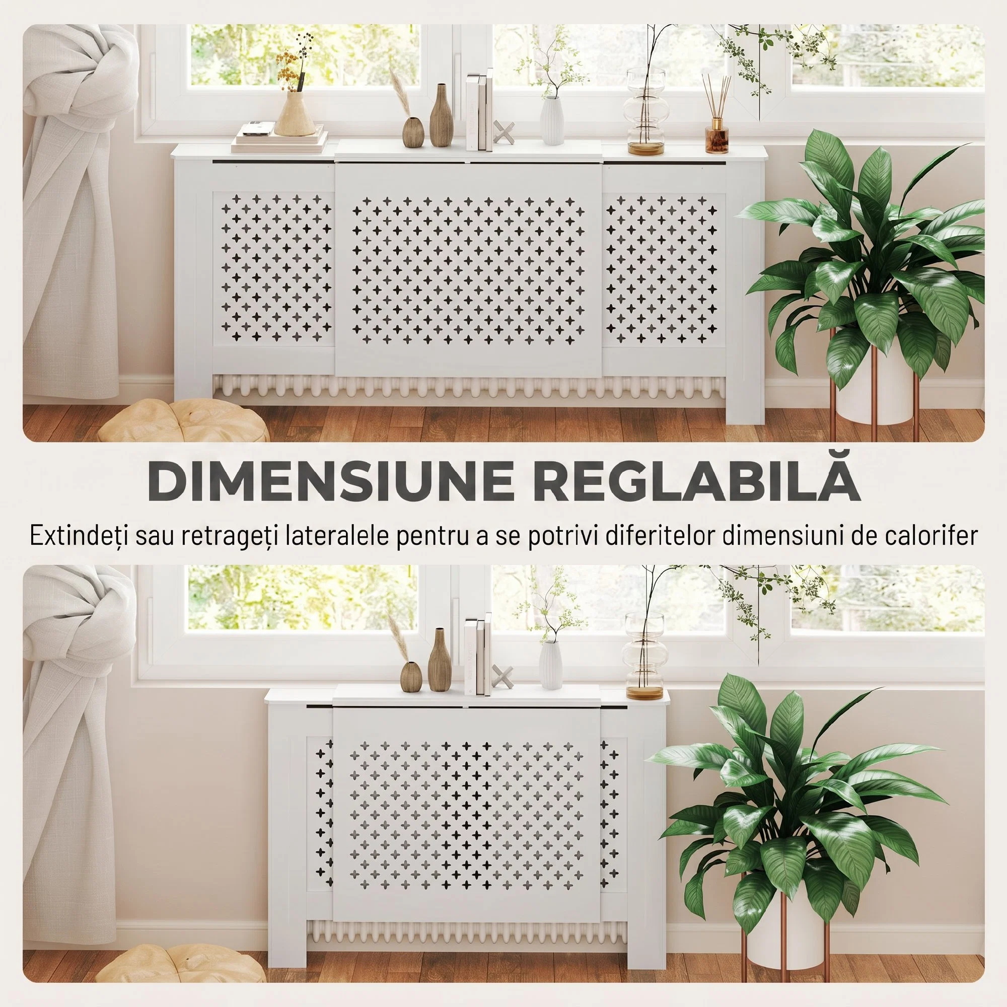 Masca pentru Calorifer cu Grilaj Incrucisat si Lungime Reglabila, 136-200 x 21,5 x 91,7 cm, Alb 3 Masca pentru calorifer cu latime laterala reglabila