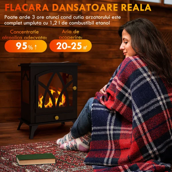 Semineu pe Bioetanol de Podea cu Rezervor de 1.2L si Acoperire 25㎡, 45x28x54cm, Negru - imagine 4