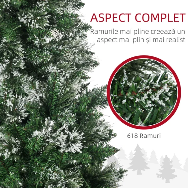 Brad de Craciun 180cm Artificial cu 240 Lumini LED si 618 Ramuri, Brad Acoperit cu Zapada Inalt si Ingust cu Postament din Otel - imagine 6