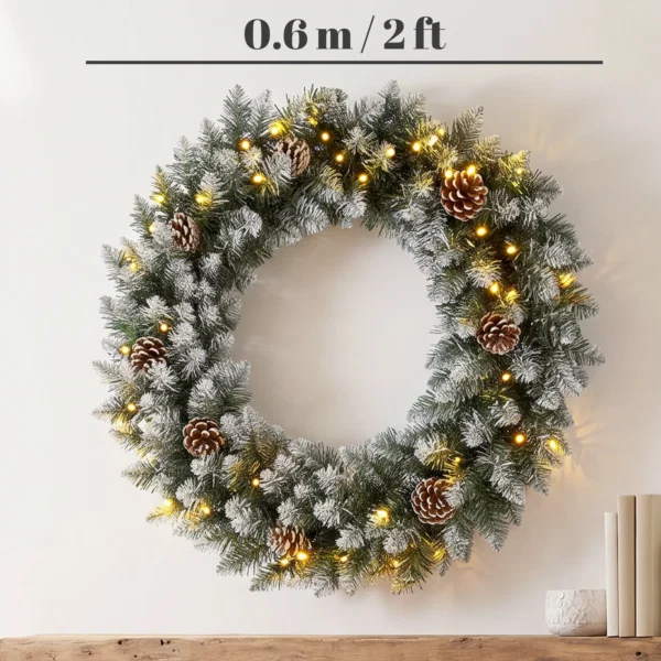 Coronita de Craciun 60 cm cu lumini LED, 8 moduri, 140 ramuri, conuri de pin, verde - imagine 3
