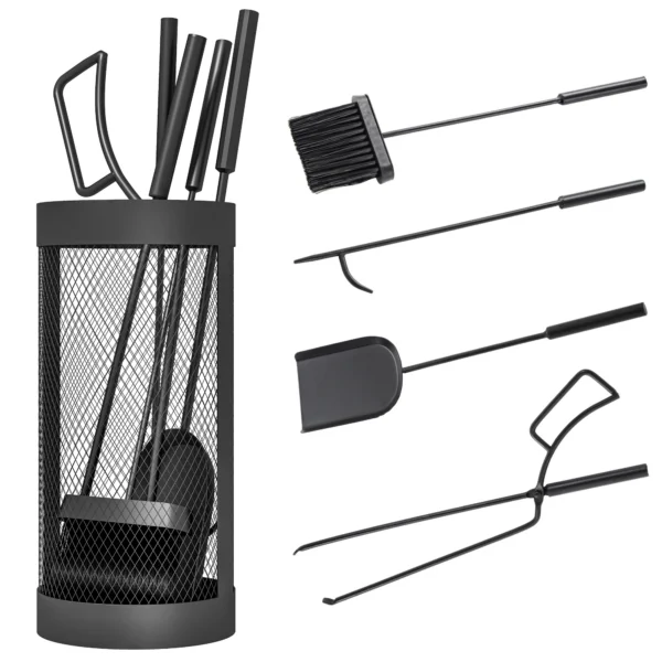 Set de Accesorii pentru Semineu, 5 Piese din Metal, Matura, Lopata, Cleste, Carlig si Cos, Negru - imagine 10