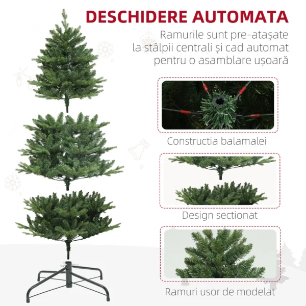 Brad de Craciun Artificial, Inalt de 180 cm, cu 818 Ramuri si Baza din Otel pentru Interior, Verde - imagine 6