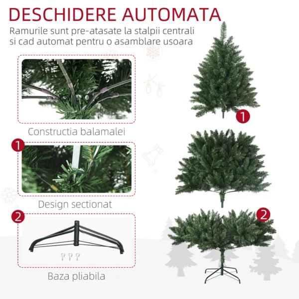 Brad de Craciun artificial 180cm, cu 800 de ramuri si baza din metal, verde - imagine 7