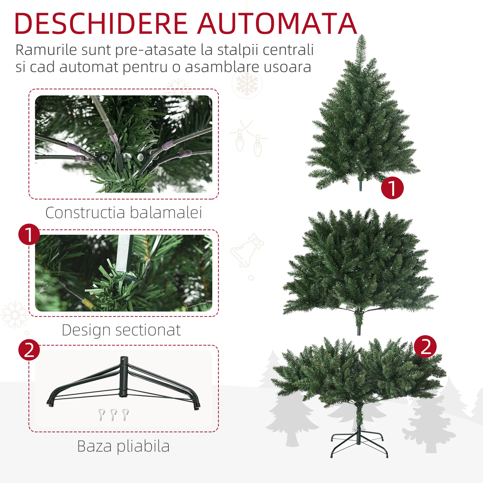 Brad de Craciun artificial 180cm, cu 800 de ramuri si baza din metal, verde 3 Ramurile bradului artificial se deschid automat prin constructia cu balamale