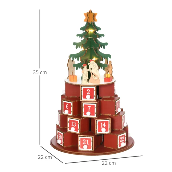 Calendar Advent de Craciun din lemn, cu lumini LED, pentru copii si adulti, rosu si verde - imagine 3