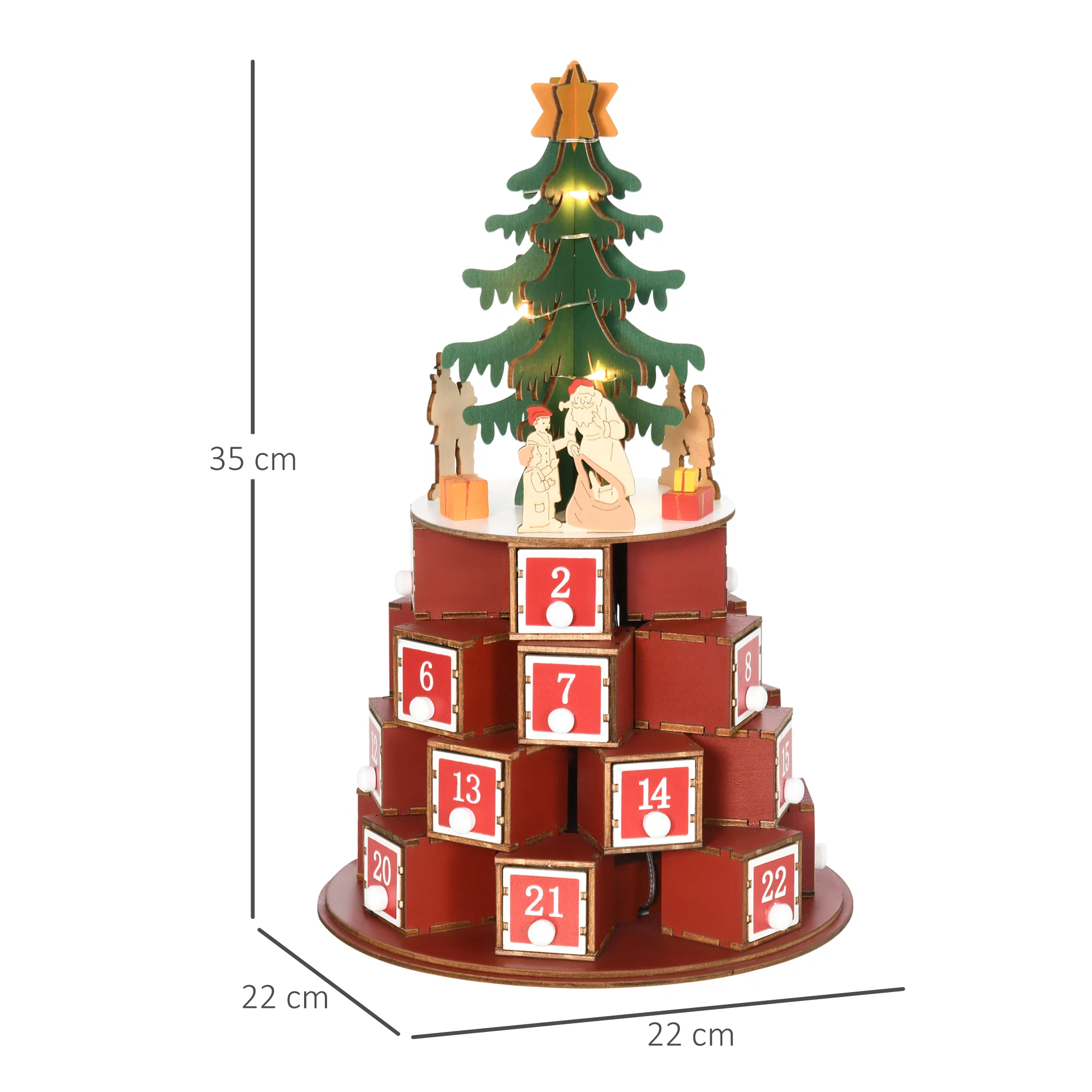 Calendar Advent de Craciun din lemn, cu lumini LED, pentru copii si adulti, rosu si verde 4 Dimensiunile calendarului de Advent din lemn