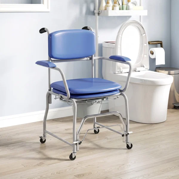 Scaun WC Mobil cu Roti 3 in 1, PU Otel Inoxidabil, Albastru - imagine 9