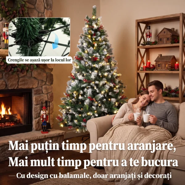 Brad de Craciun Nins 180 cm, 250 LED-uri Bicolore, Telecomanda, 11 Moduri, 840 Ramuri, Conuri, Bobite Rosii - imagine 7