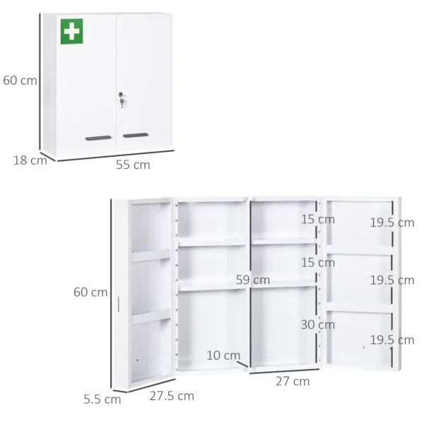 Dulap pentru medicamente cu 6 rafturi, cu incuietoare si 2 chei, din otel, 55x18x60 cm, alb - imagine 3
