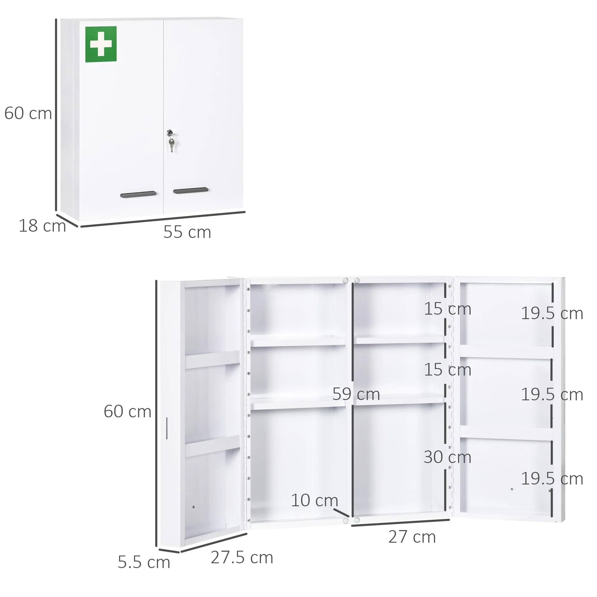 Dulap pentru medicamente cu 6 rafturi, cu incuietoare si 2 chei, din otel, 55x18x60 cm, alb 4 Dimensiunile dulapului si ale rafturilor interioare