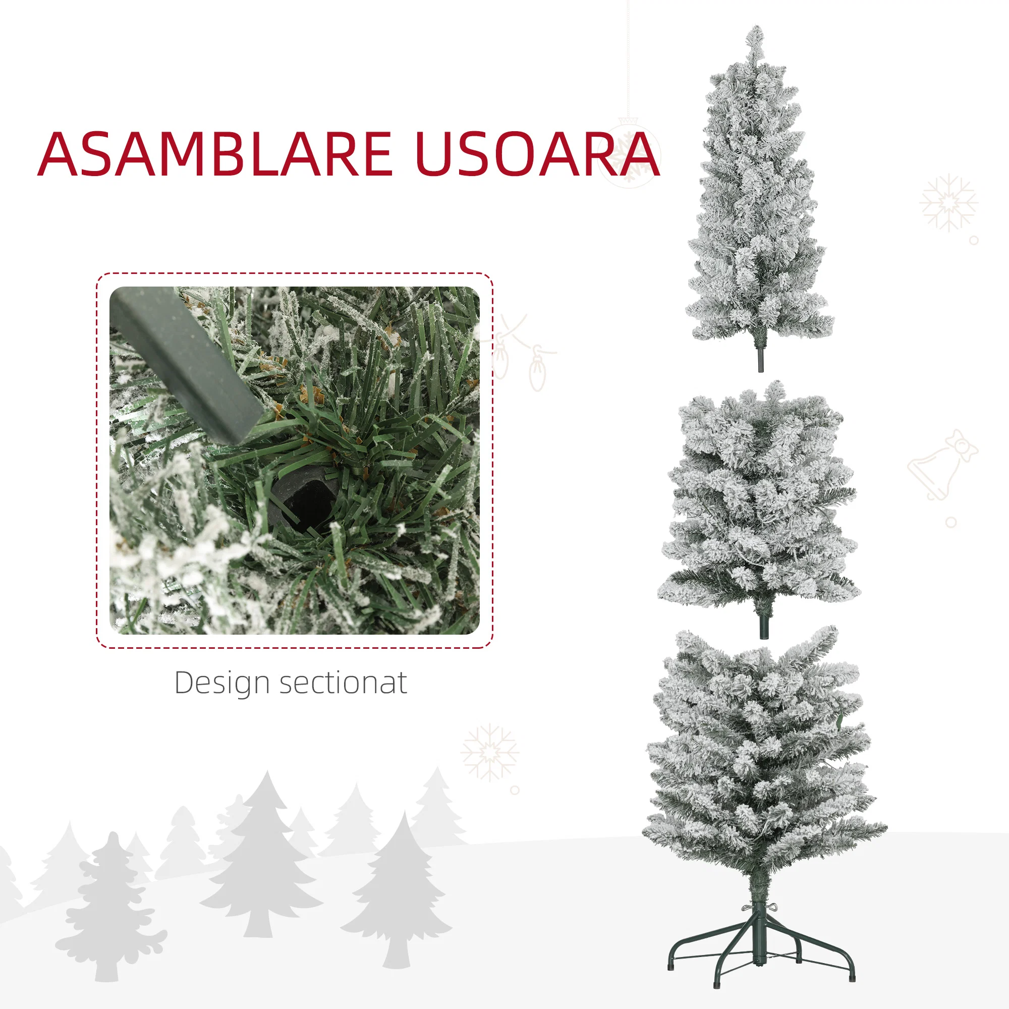 Brad de Craciun cu Zapada Artificiala, 329 Ramuri si Lumini LED Albe, din Plastic si Metal, Ø52x180 cm, Verde 4 Brad artificial cu structura pe sectiuni pentru asamblare