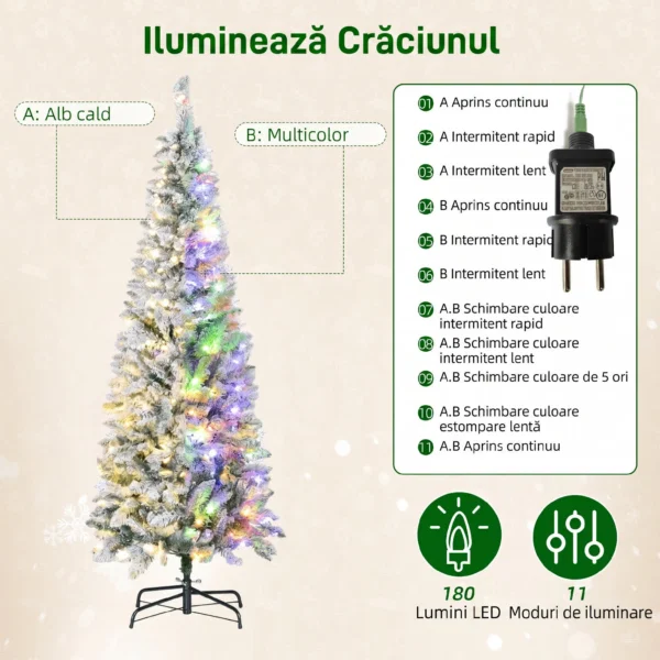 Brad de Craciun inzapezit cu 180 de lumini LED si 11 efecte, 479 de ramuri, Ø65x180 cm, verde si alb - imagine 5