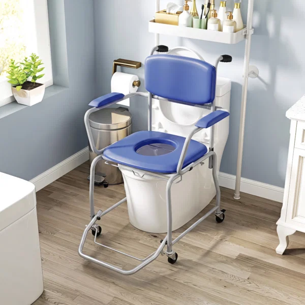 Scaun WC Mobil cu Roti 3 in 1, PU Otel Inoxidabil, Albastru - imagine 8