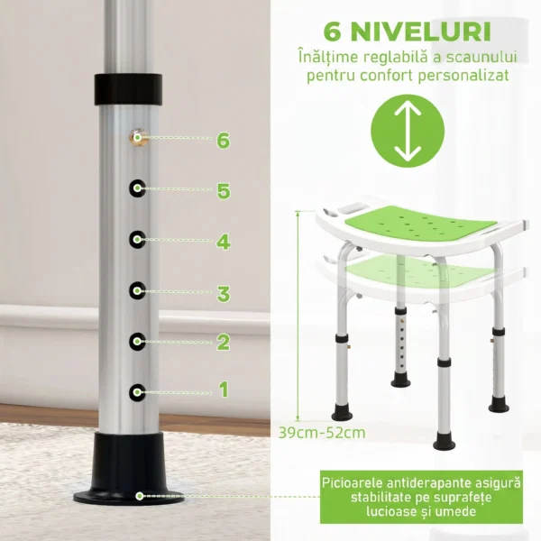Scaun pentru dus din aluminiu si plastic antiderapant, inaltime reglabila pe 6 nivele, 39-52cm, verde - imagine 6
