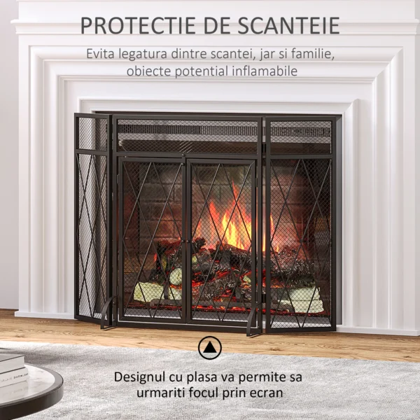 Parascantei pentru semineu, 3 panouri pliabile cu usa centrala, 120 × 11,5 × 79 cm, Negru - imagine 4