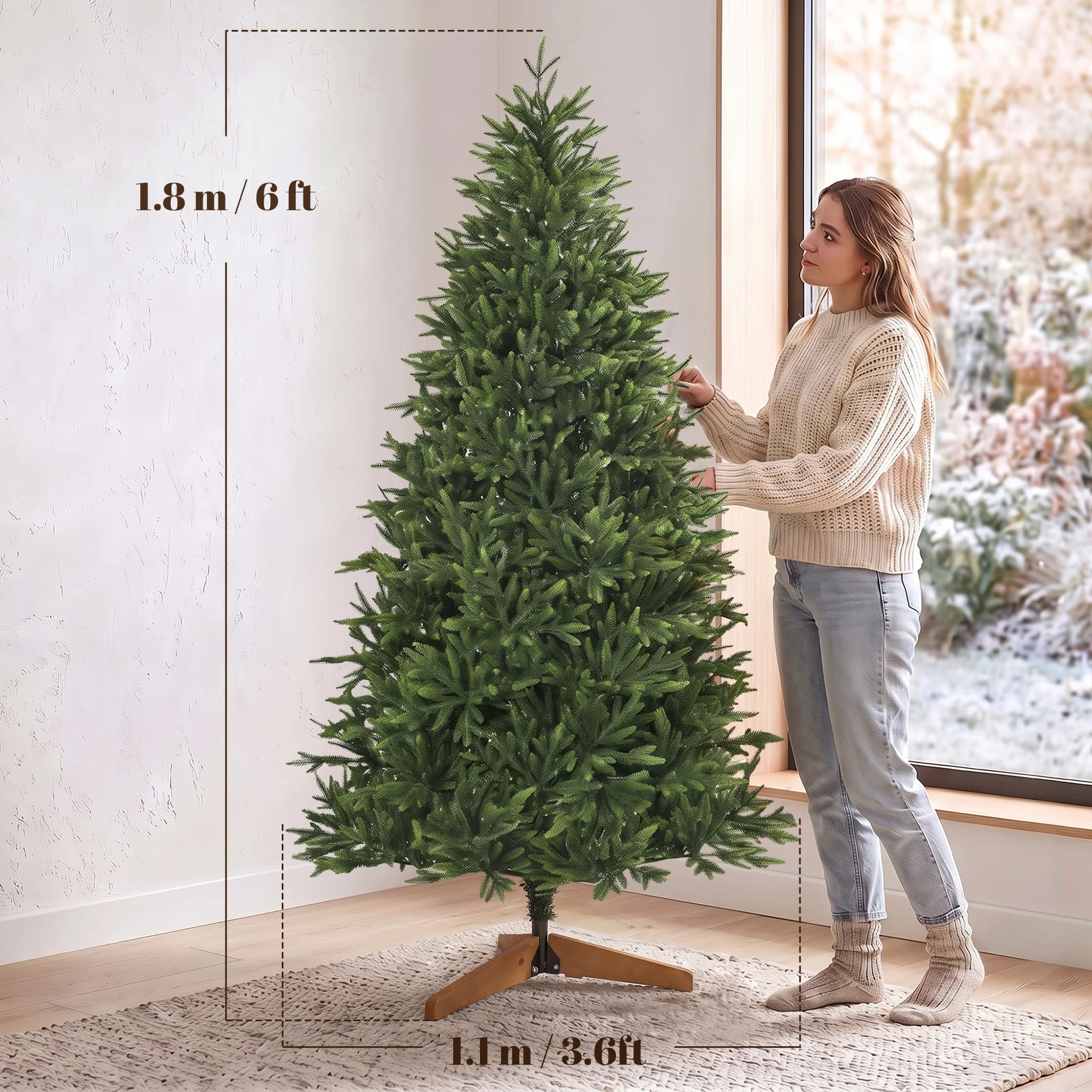 Brad artificial de Craciun 180 cm, aspect realist si bogat, 732 ramuri din PE ignifug, baza pliabila din lemn, verde 4 Brad artificial de 180 cm si 110 cm diametru