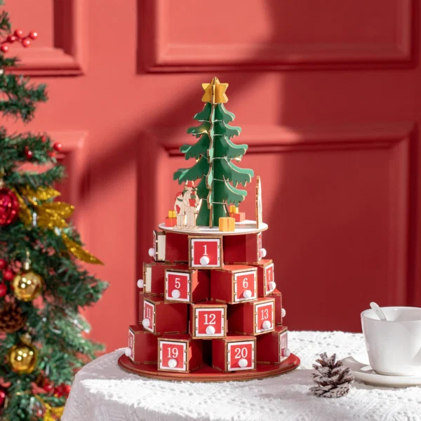 Calendar Advent de Craciun din lemn, cu lumini LED, pentru copii si adulti, rosu si verde - imagine 10