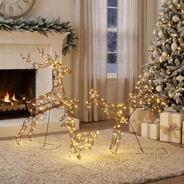 Set 3 reni luminosi de Craciun pentru exterior, 120 cm, 200 LED-uri alb cald, 8 moduri de iluminare, timer, maro - imagine 9