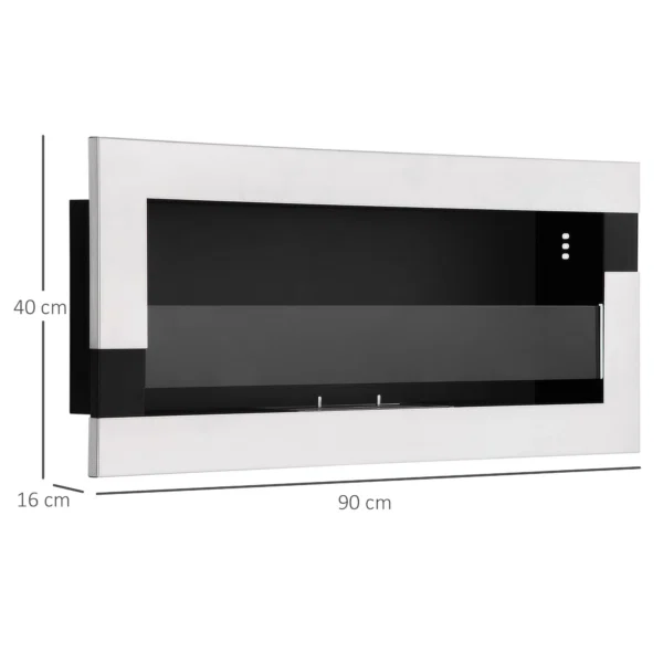 Semineu cu bioetanol montat pe perete din otel inoxidabil, 90x16x40cm, argintiu - imagine 3