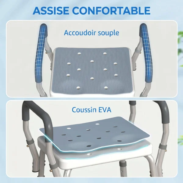 Taburet pentru Dus Reglabil cu Brate si Orificii de Drenaj, din Aluminiu, HDPE si EVA, 52x45x57-69 cm - imagine 5