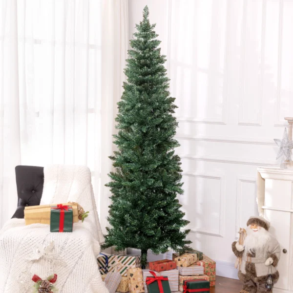 Brad de Craciun Artificial 210 cm cu 687 de Ramuri, Design Ingust si Inalt cu Baza Rabatabila, Verde - imagine 2
