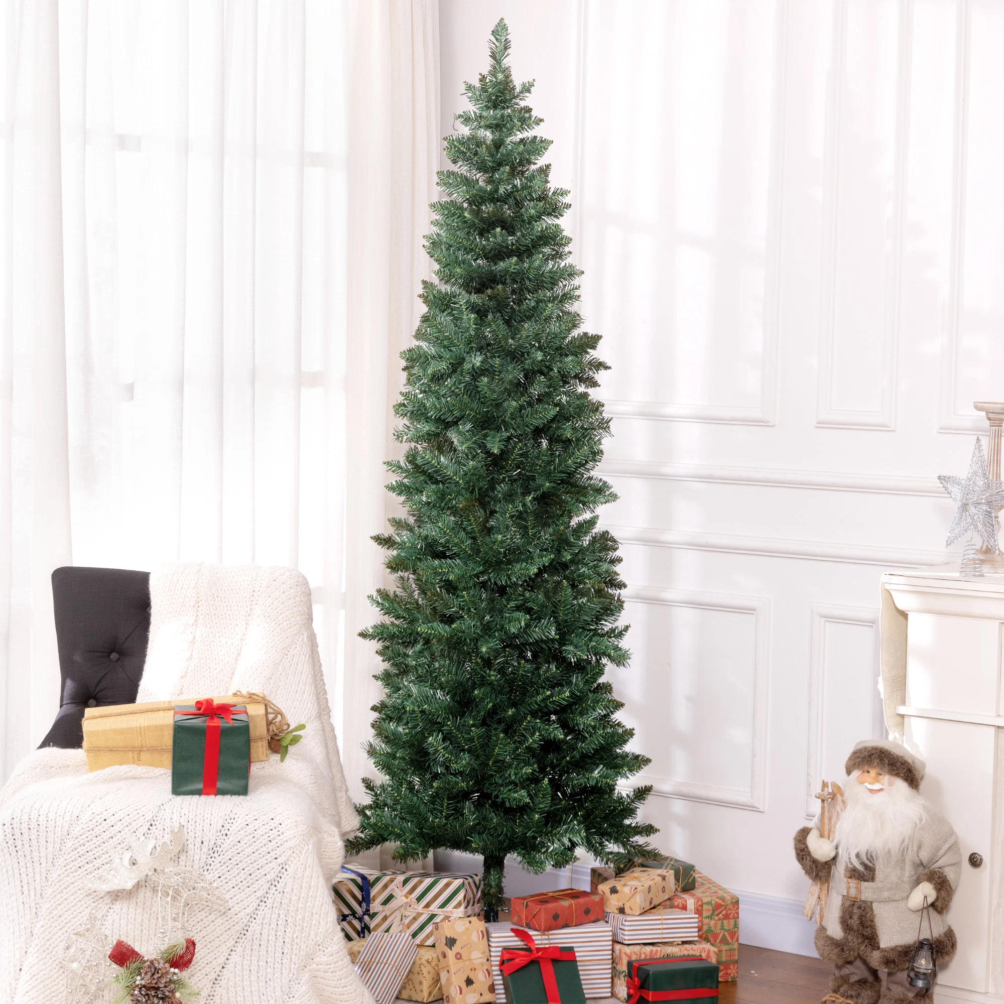 Brad de Craciun Artificial 210 cm cu 687 de Ramuri, Design Ingust si Inalt cu Baza Rabatabila, Verde 1 Brad artificial verde, inalt si ingust, decorat intr-o incapere