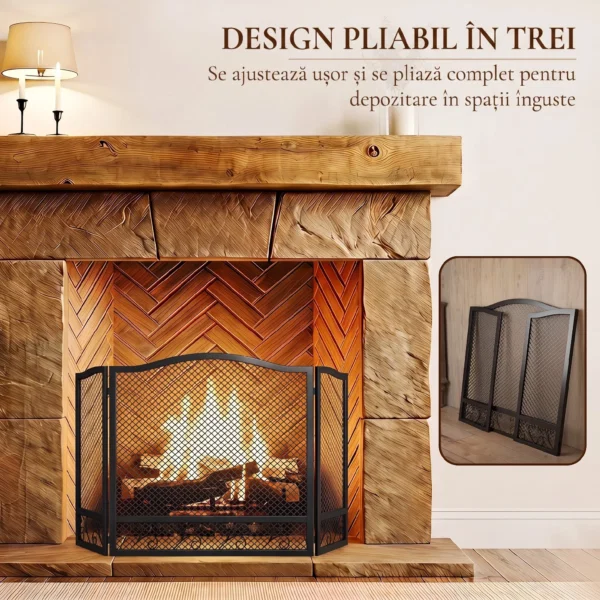 Parascantei pentru Semineu, 3 Panouri, Metal Vopsit Electrostatic, Gata de Utilizare, 107 x 1 x 60 cm, Negru - imagine 5