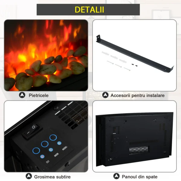 Semineu Electric Aarhus, de Perete, Putere Reglabila 900/1800 W, Telecomanda, Negru - imagine 6