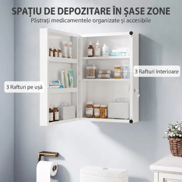 Dulapior de Medicamente de Perete, 6 Compartimente cu 2 Chei, Alb - imagine 4