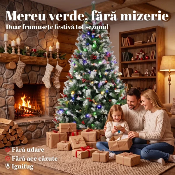 Brad de Craciun Inzapezit 210 cm, 400 de Lumini LED Bicolore, Telecomanda, 11 Modalitati, 1253 de Ramuri, Conuri de Pin, Fructe Rosii - imagine 4