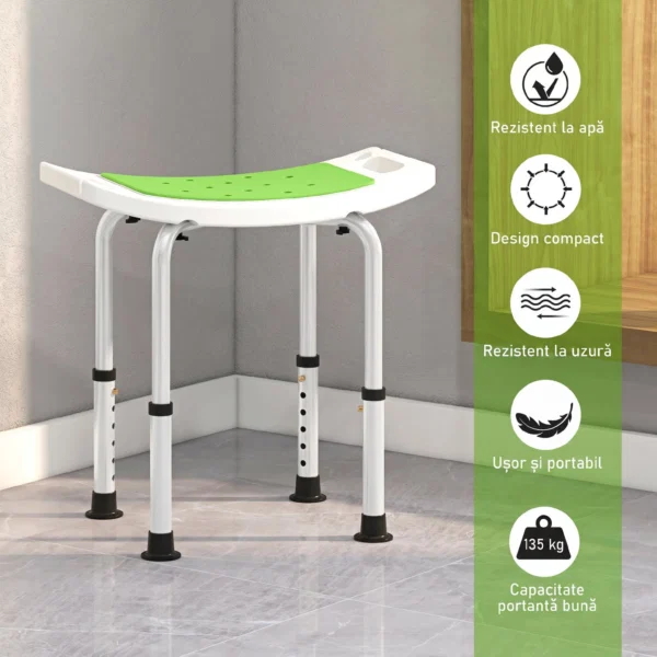 Scaun pentru dus din aluminiu si plastic antiderapant, inaltime reglabila pe 6 nivele, 39-52cm, verde - imagine 5