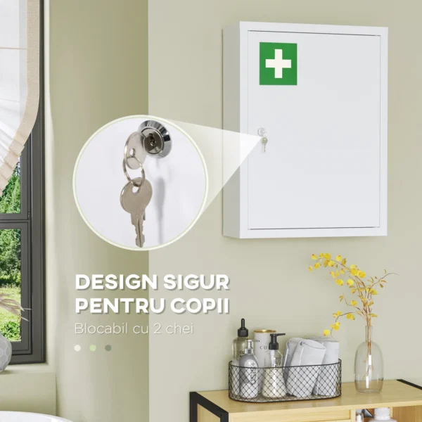 Dulap pentru Medicamente cu 3 Rafturi si Incuietoare cu 2 Chei, din Otel, 40x15x53,5 cm, Alb - imagine 4