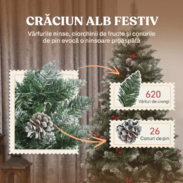 Brad de Craciun Inalt 180 cm de Interior cu 620 Ramuri, Conuri si Boabe Rosii, Baza Metalica, Verde - imagine 5