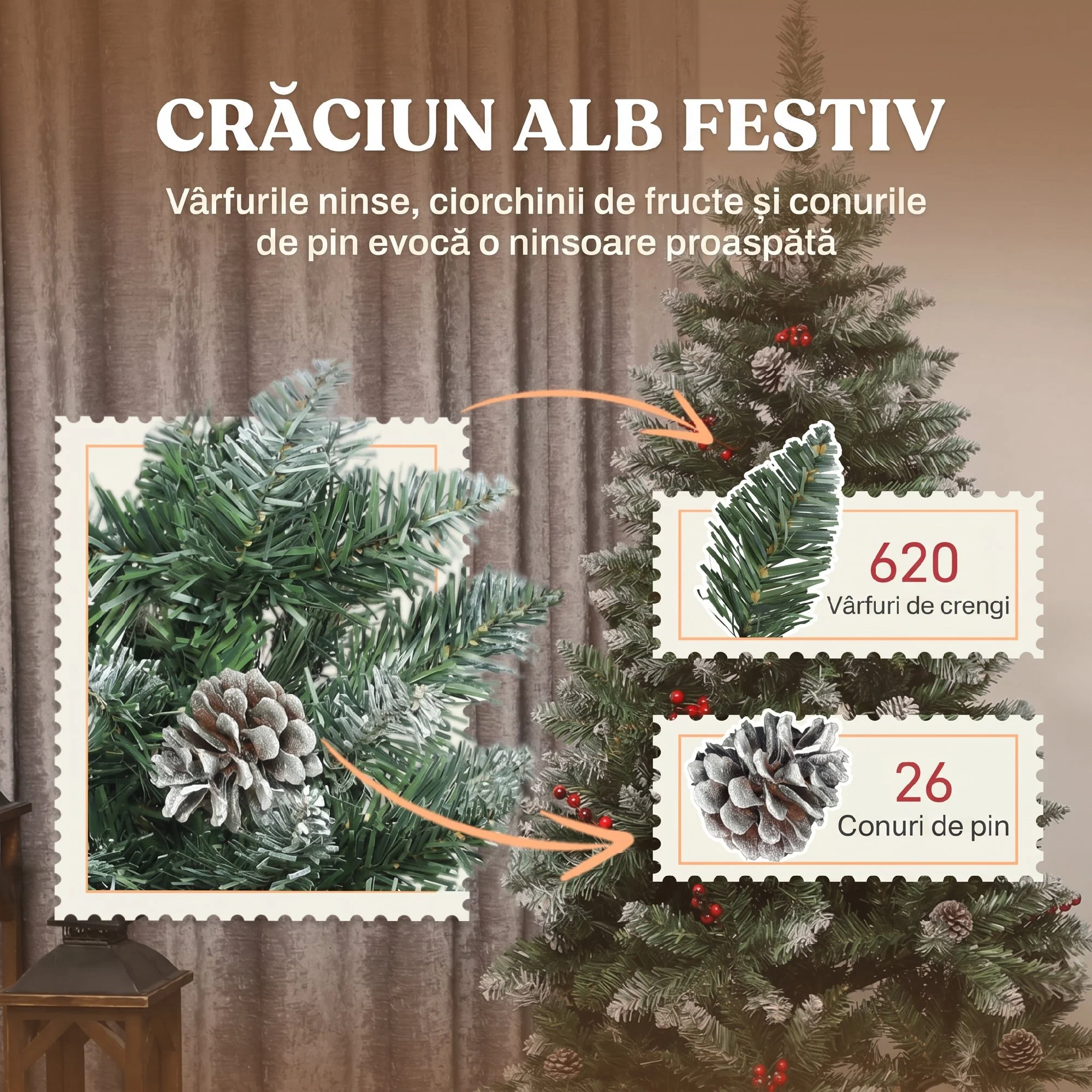 Brad de Craciun Inalt 180 cm de Interior cu 620 Ramuri, Conuri si Boabe Rosii, Baza Metalica, Verde 2 Detaliu cu ramurile, conurile si varfurile acoperite cu zapada artificiala