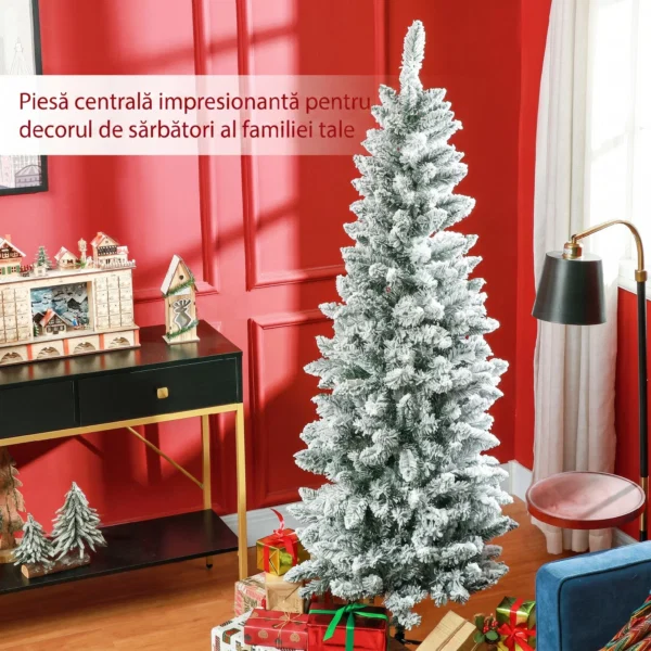 Brad de Craciun 183 cm cu 479 Ramuri Inzapezite, Design Ingust si Inalt cu Baza Rabatabila, Verde - imagine 4
