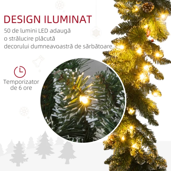Ghirlanda de Craciun cu 50 de lumini LED albe si decoratiuni, din plastic si metal, 180x30x30 cm, verde - imagine 5