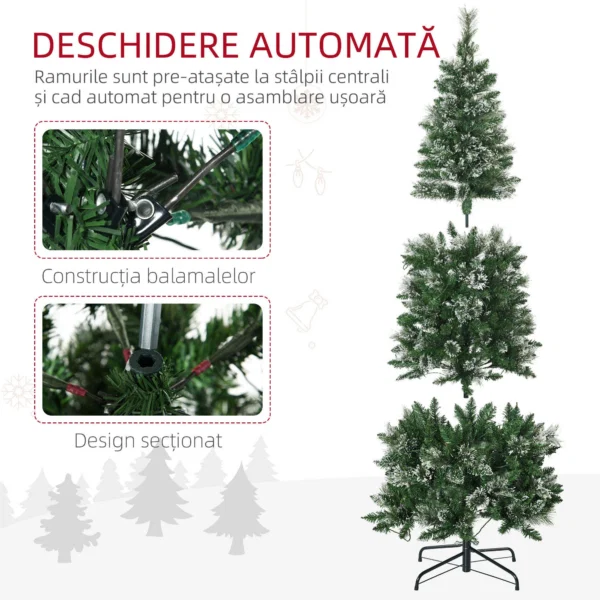 Brad de Craciun 180cm Artificial cu 240 Lumini LED si 618 Ramuri, Brad Acoperit cu Zapada Inalt si Ingust cu Postament din Otel - imagine 7