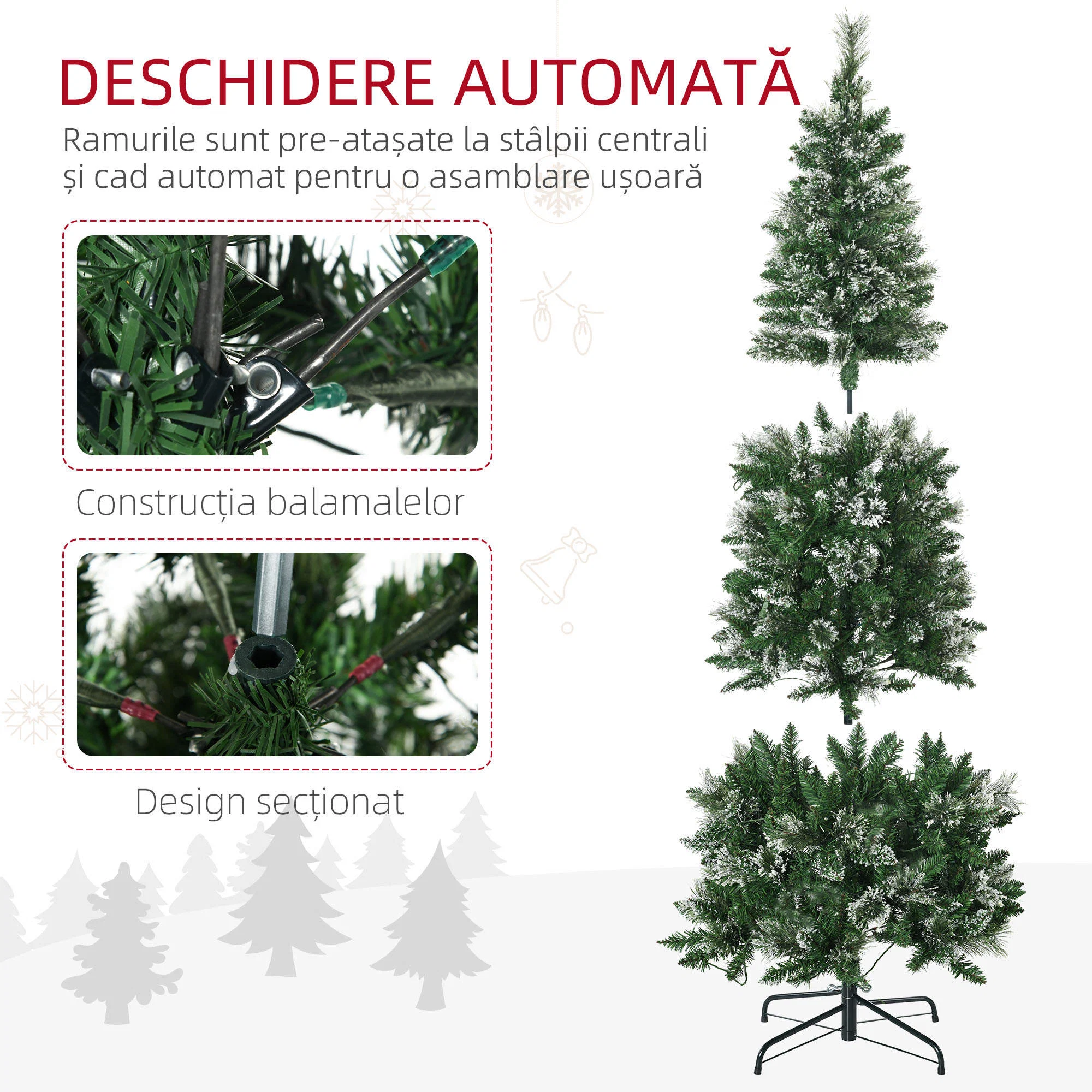 Brad de Craciun 180cm Artificial cu 240 Lumini LED si 618 Ramuri, Brad Acoperit cu Zapada Inalt si Ingust cu Postament din Otel 3 Deschiderea automata a ramurilor si constructia pe sectiuni a bradului