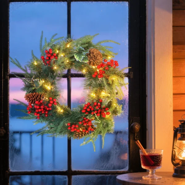 Ghirlanda de Craciun de 60 cm cu lumini LED albe, timer, conuri, boabe si frunze de ilex, verde - imagine 10