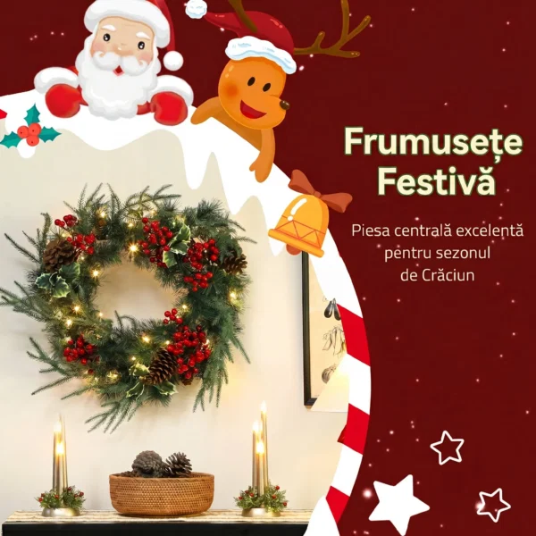 Ghirlanda de Craciun de 60 cm cu lumini LED albe, timer, conuri, boabe si frunze de ilex, verde - imagine 4