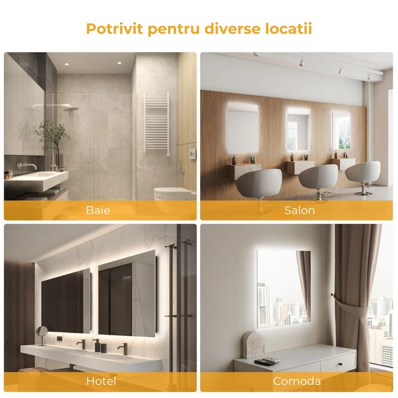 Oglinda panou radiant cu LED 450W montata intr-o baie moderna