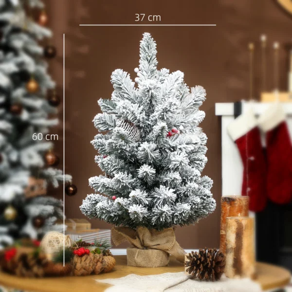 Brad de Craciun mic, cu inaltimea de 60 cm, 72 de ramuri acoperite cu zapada, conuri si fructe rosii, verde - imagine 3