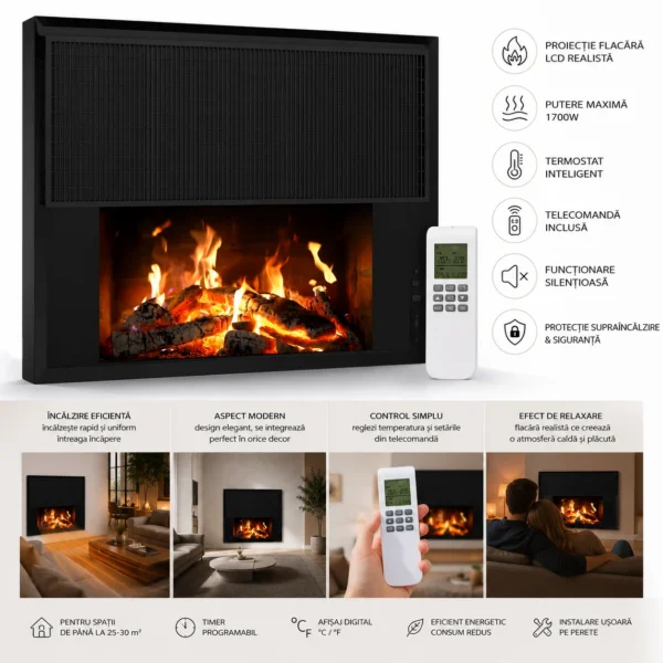 Panou Radiant cu Aspect Semineu si Proiectie Flacara LCD - Design Modern, 1700W