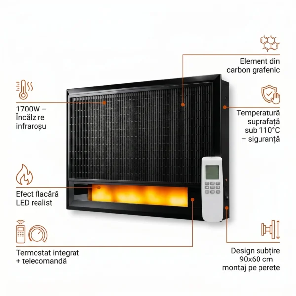 Panou Radiant Infrarosu cu Efect Semineu si Flacara LED, 1700W, Termostat, Telecomanda