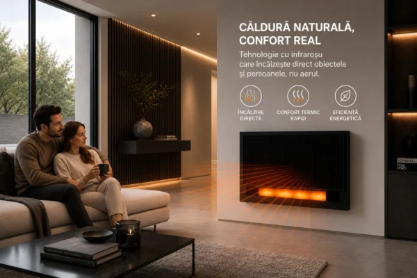 Panou Radiant Infrarosu cu Efect Semineu si Flacara LED, 1700W, Termostat, Telecomanda