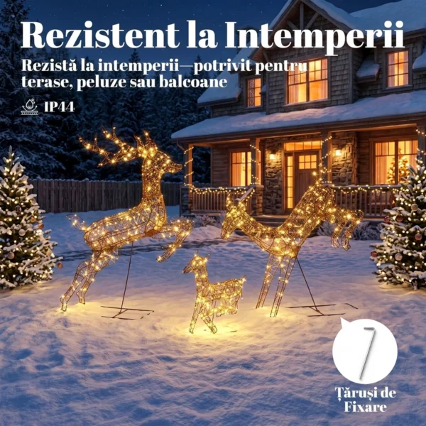 Set 3 reni luminosi de Craciun pentru exterior, 120 cm, 200 LED-uri alb cald, 8 moduri de iluminare, timer, maro - imagine 7