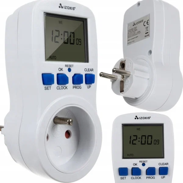 Priza programabila digitala Izoxis, ecran LCD, timer integrat, 3680 W, programare zilnica, Alb